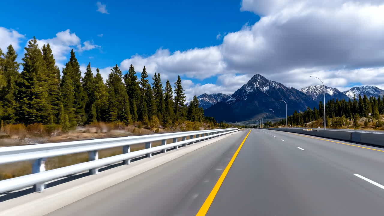 Mountains and blue sky view. The road stretches ahead, surrounded by tall trees and majestic mountains under a bright blue sky with fluffy clouds