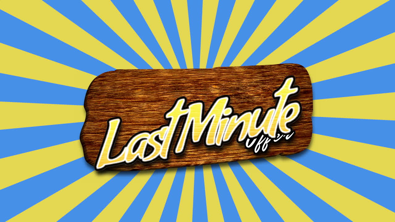 último minuto en madera con rayas azules y amarillas