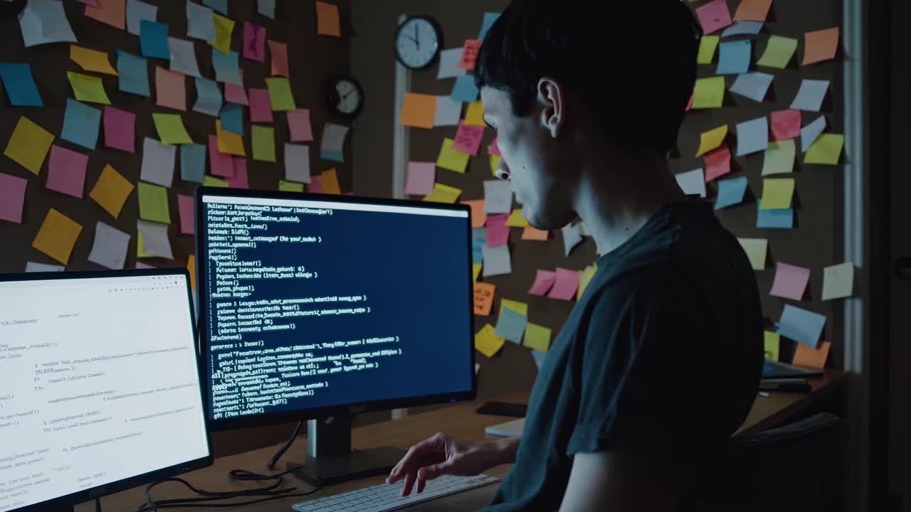 A person viewed from behind, surrounded by monitors and sticky notes, suggesting brainstorming