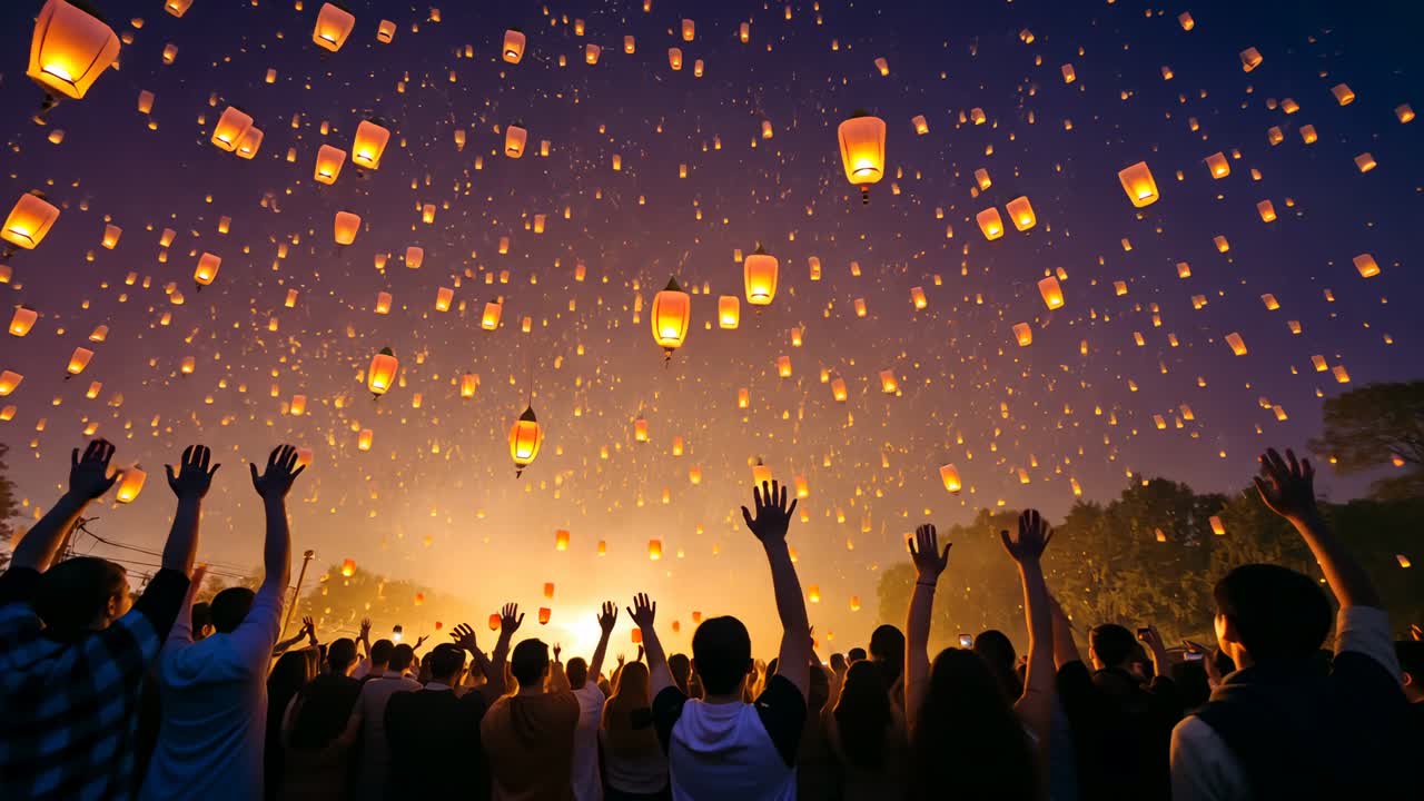 Lighting lanterns, participants in jackets releasing glowing lanterns into dusk, marking release