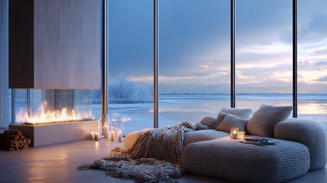 A Cozy Winter Retreat Featuring a Modern Fireplace and Expansive Windows with a Beautiful Scenic View, Capturing the Essence of Warmth and Comfort Amidst a Chilly Landscape at Dusk