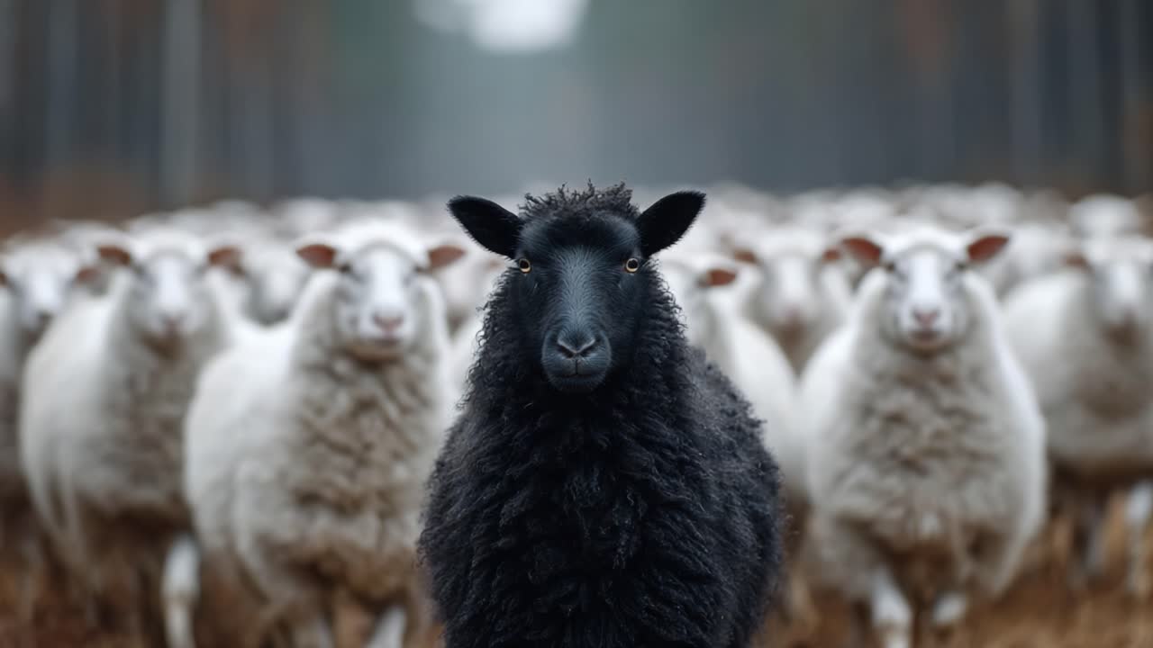 A Striking Contrast: A Black Sheep Stands Out Among a Flock of White Sheep in a Serene Forest Setting, Capturing the Essence of Individuality and Unity in Nature
