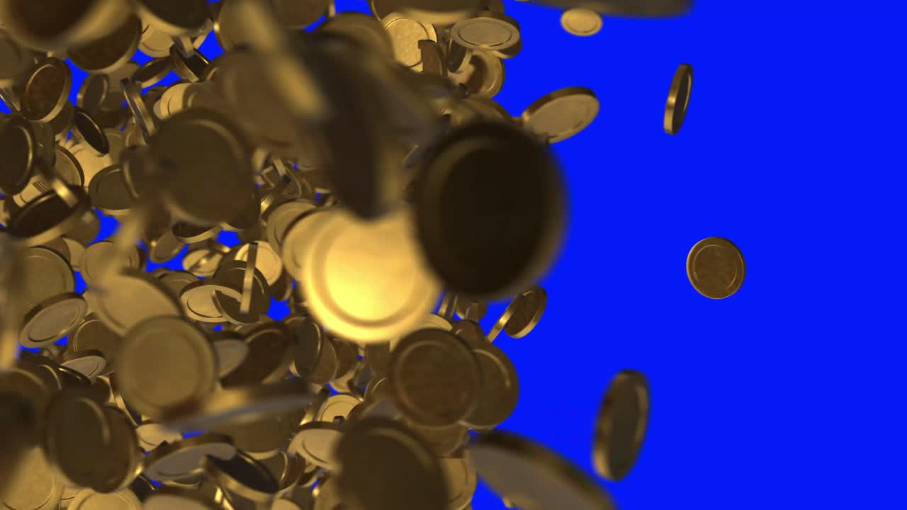 Horizontal transitional element, of a large number of golden metallic coins in mid-air against a keyable blue background. The coins are falling or floating and positioned in various orientations