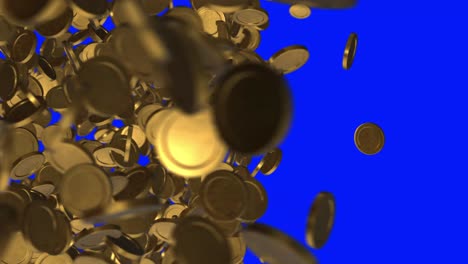 horizontal transitional element, of a large number of golden metallic coins in mid-air against a keyable blue background. the coins are falling or floating and positioned in various orientations