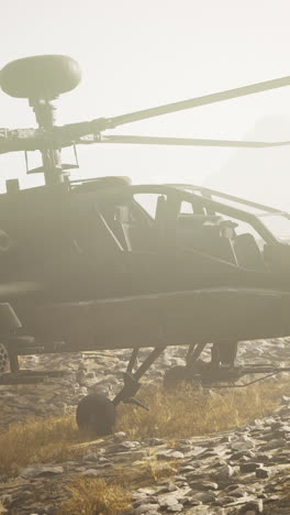 military helicopter in a desert landscape