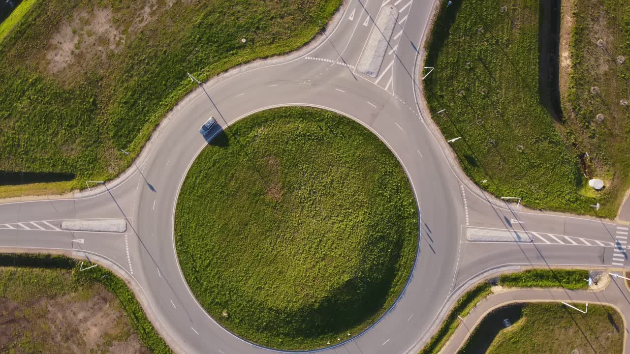 Aerial view of Katlakalns roundabout in spring with light traffic