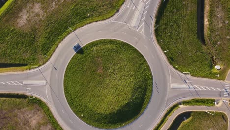 aerial view of katlakalns roundabout in spring with light traffic