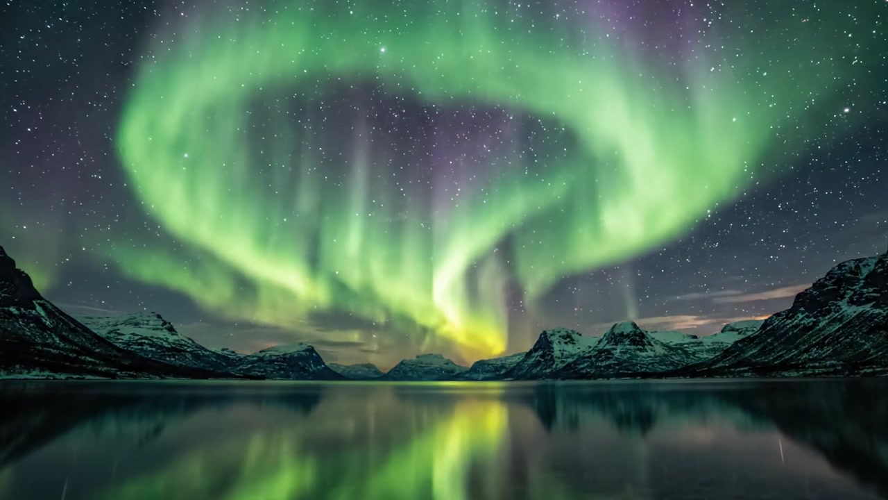 Aurora boreale mozzafiato su un paesaggio sereno: uno spettacolo affascinante di luci colorate che danzano attraverso cieli stellati riflesse in acque calme