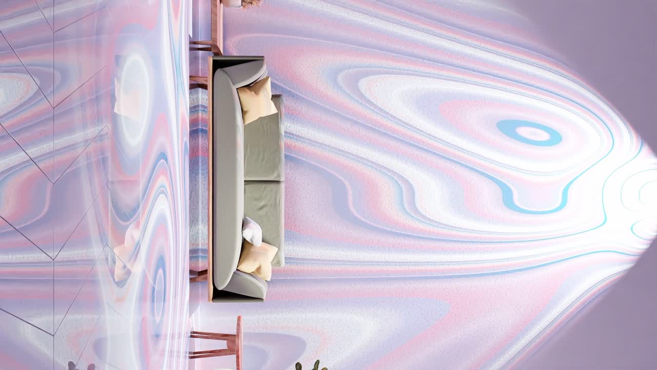dell'effetto luminoso psichedelico liquido verticale nel moderno salotto della casa interior design animazione di rendering 3d
