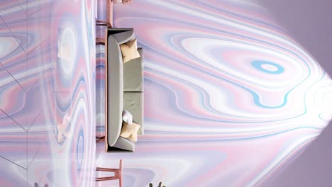 de efecto de luz psicodélico líquido vertical en el diseño interior de la casa de la sala de estar moderna animación de renderización 3d