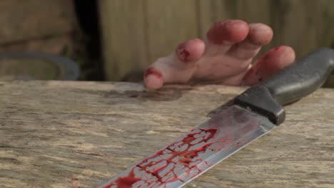 blood stained hand reaches to get bloody knife close up