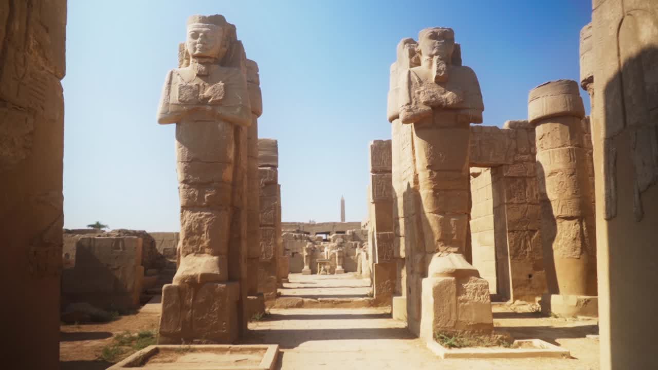 Two tall statues of kings in the Karnak Temple, Luxor Egypt. Static shot with blue sky.