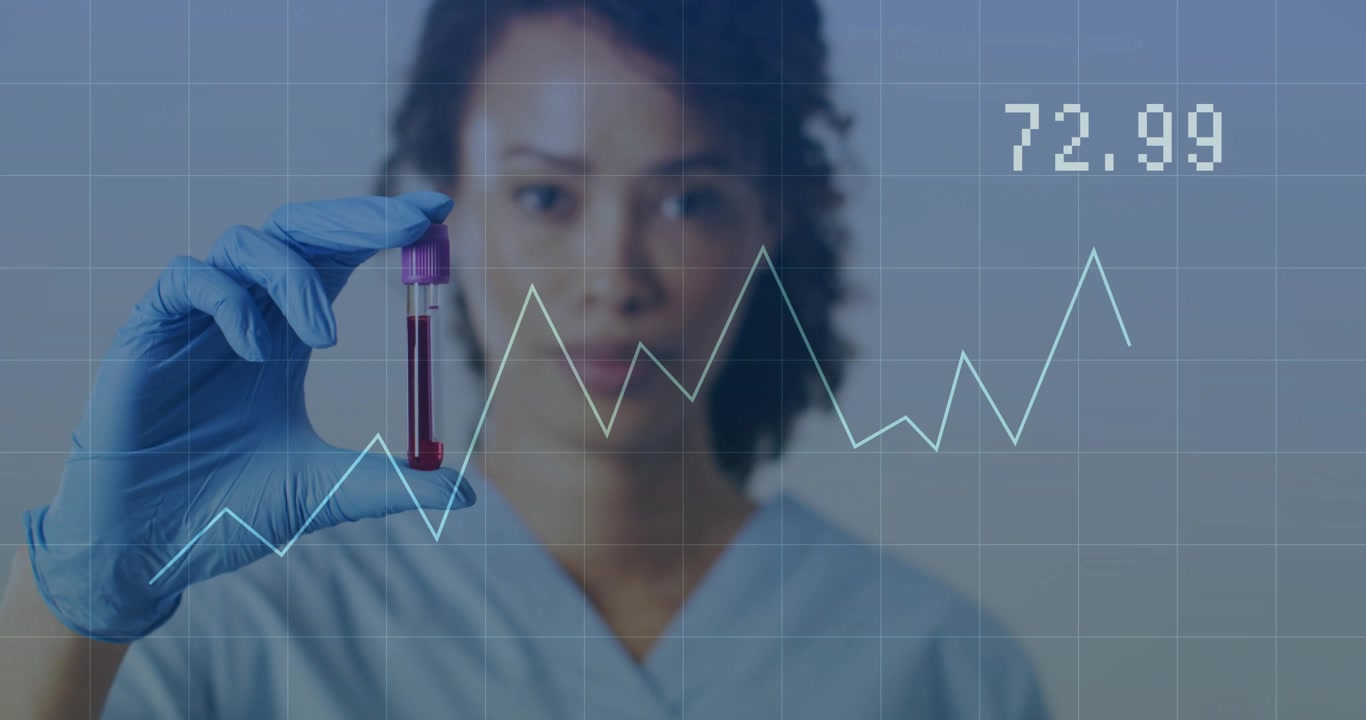 Tecnica di laboratorio che presenta una provetta, mentre un grafico animato si muove e una lettura si aggiorna per la diagnosi.