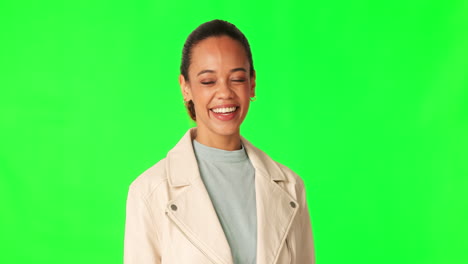 Laugh,-green-screen-and-face-of-a-woman-in-studio