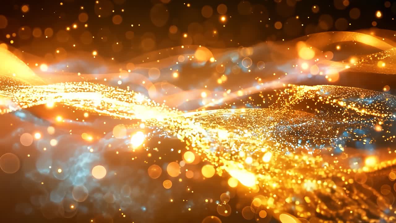 A wave of light with a lot of sparkles. The sparkles are orange and blue. The wave is very long