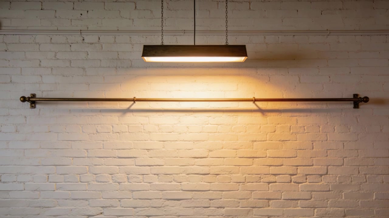Remaining lit pendant light and metal rod shifting shadows on brick wall in loft, showing mounts