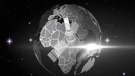 animación de un satélite sobre el globo girando sobre un fondo negro