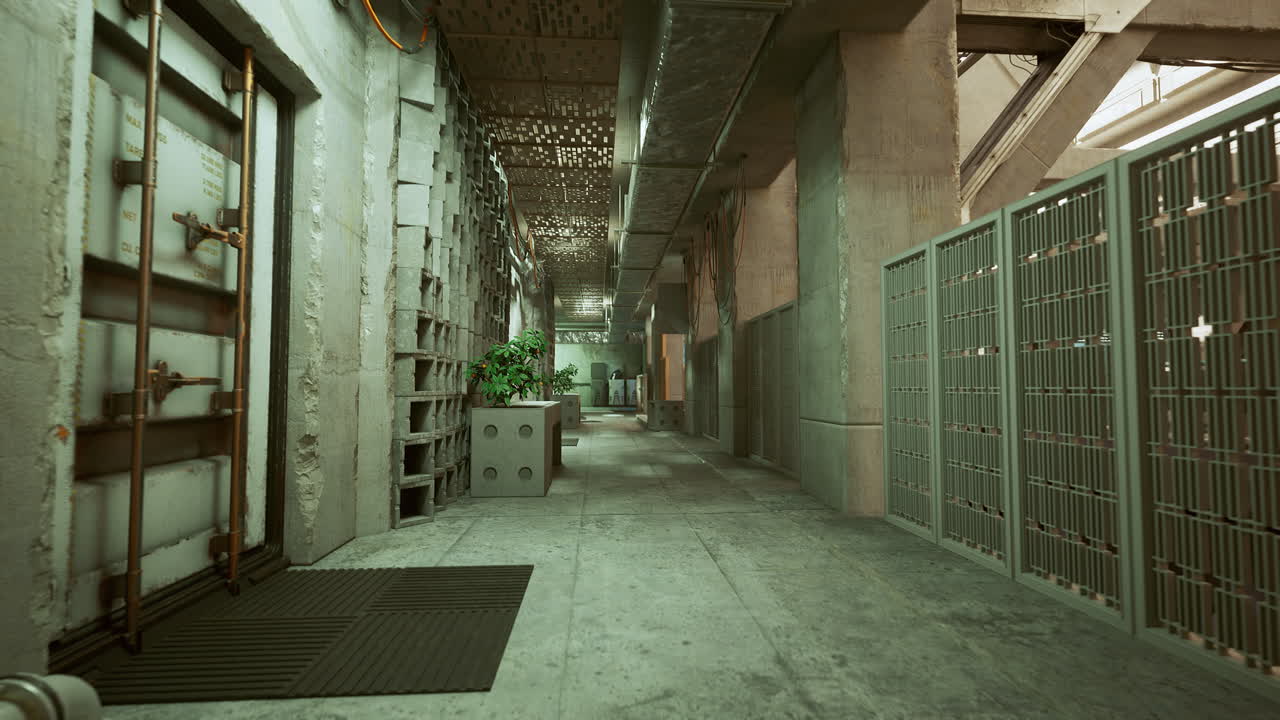 Dark industrial passage filled with ventilation and moody shadows