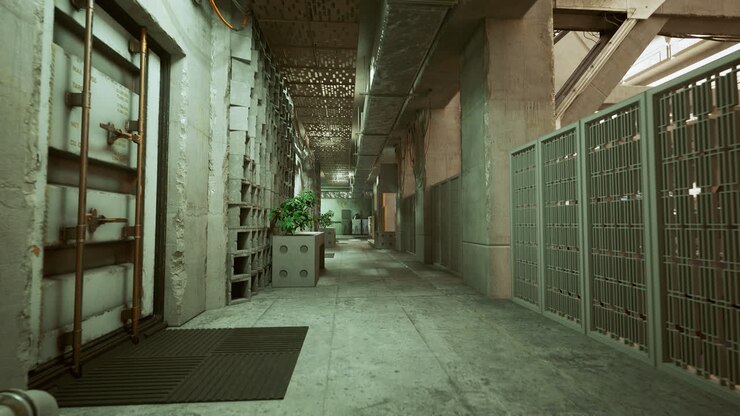 Dark industrial passage filled with ventilation and moody shadows