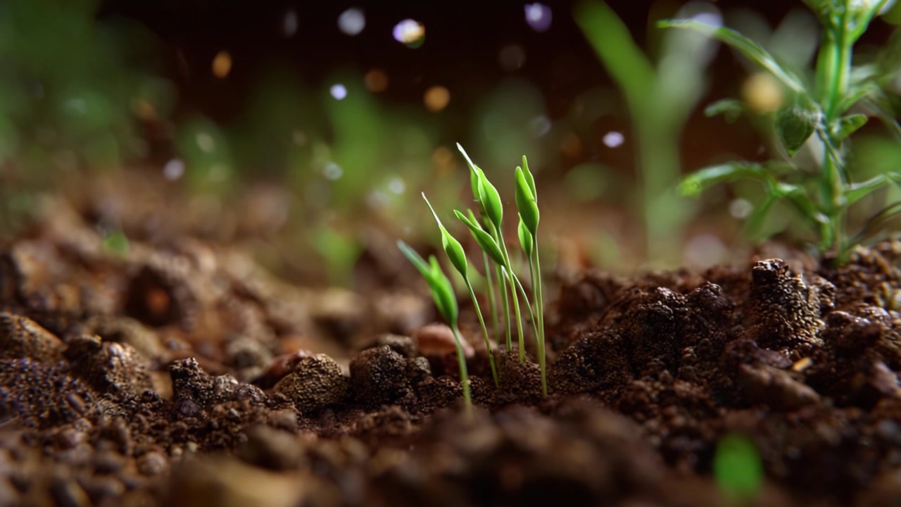 Nurturing New Life: Close-up of Fresh Green Seedlings Emerging from Rich Soil with Tiny Particles Floating in the Air Highlighting the Growth Process