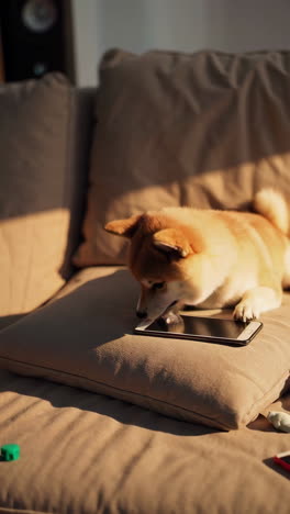 shiba inu puppy playing with phone on couch