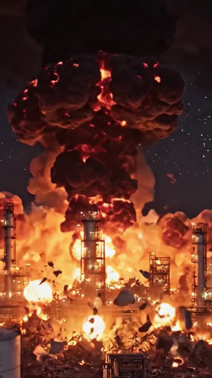 Eine massive Explosion bricht in einem zerstörerischen Feuerball aus, hüllt die Skyline in intensive Flammen und Rauch und deutet auf ein katastrophales Industrieunglück hin