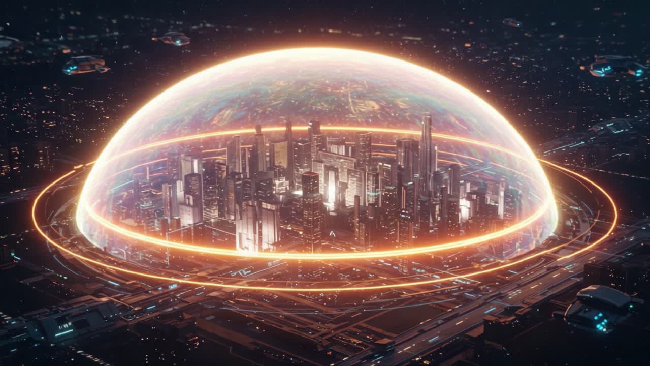A Futuristic City Enclosed by a Protective Dome Illuminated with Neon Lights, Technology Surrounded by a Transport Network in a Vibrant Sci-Fi Landscape
