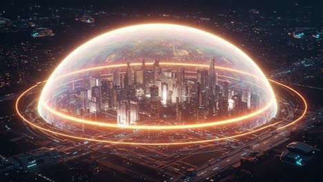 a futuristic city enclosed by a protective dome illuminated with neon lights, technology surrounded by a transport network in a vibrant sci-fi landscape