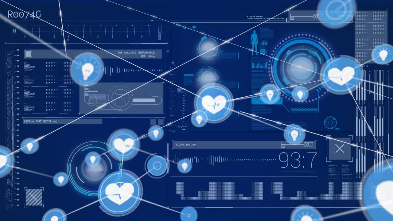 Animation of connected icons over loading circles, loading bars, graphs and human representation
