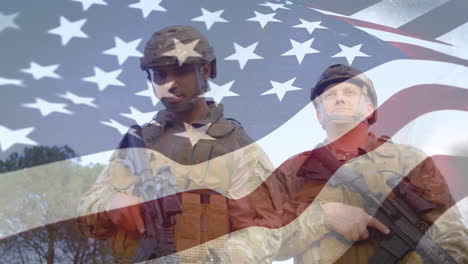 caucasian us soldier with us flag waving foreground