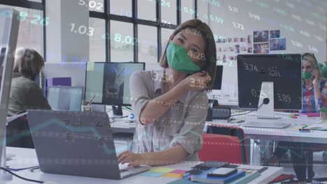 Animation-of-changing-numbers-and-heart-rhythm-over-asian-woman-removing-mask-and-smiling-in-office