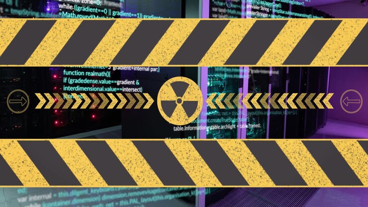 Animation of nuclear symbol over data processing and server room