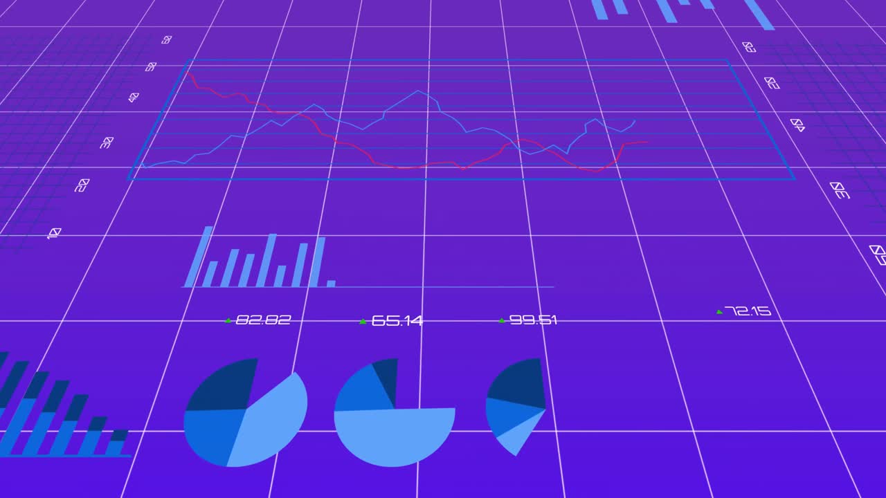 보라색 그라디엔트 배경에 대한 그리드 네트워크를 통해 통계 데이터 처리의 애니메이션