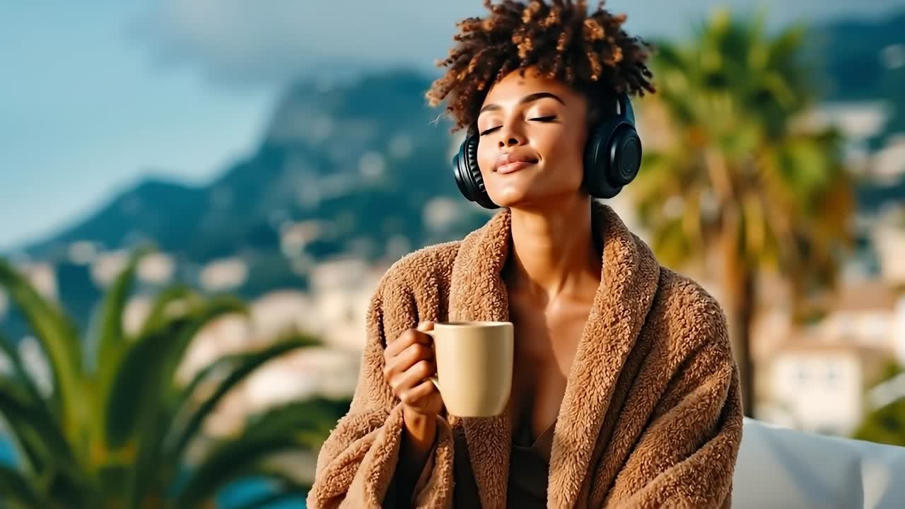 Una donna in accappatoio che ascolta musica con le cuffie e una tazza di caffè