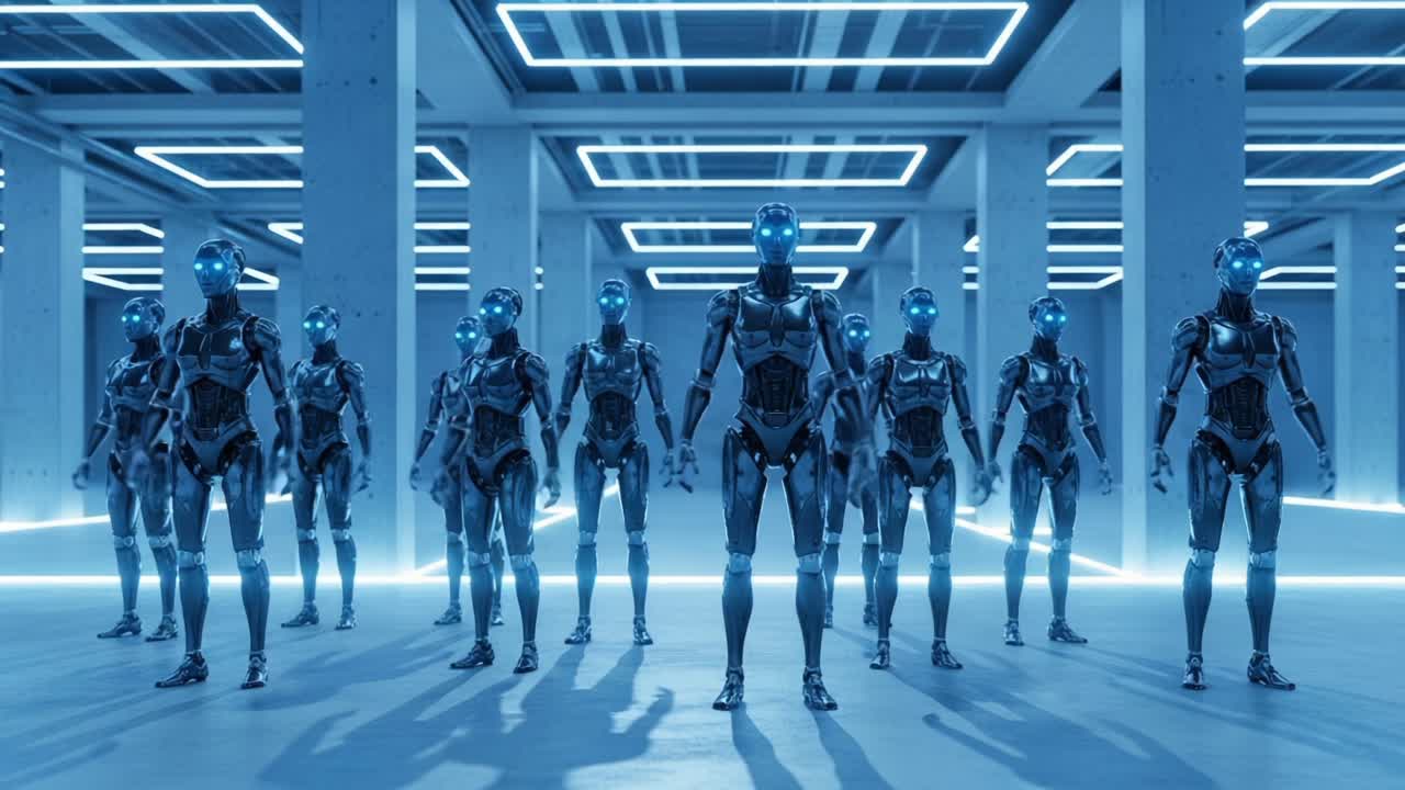 Futuristic Assembly of Dancing Robots in a High-Tech Environment: A Visual Exploration of Advanced Robotics and Artificial Intelligence in Motion