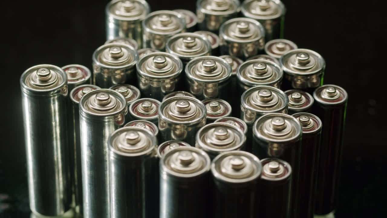 Silver batteries AA and AAA on black background close-up. Double-A battery is a standard size single cell cylindrical dry battery. Batteries are common in portable electronic devices. An AA battery is composed of a single electrochemical cell that may be either a primary battery or a rechargeable ba