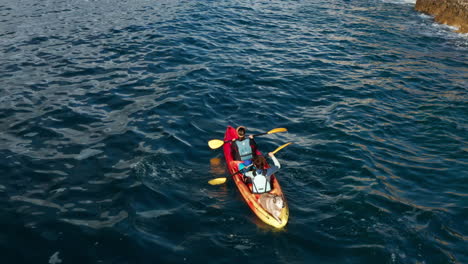 people kayaking in the ocean - aerial drone shot