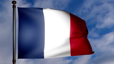 french flag with fabric texture waving in the wind on a blue white cloudy sky background. seamless loop stock 4k video. national flag of france