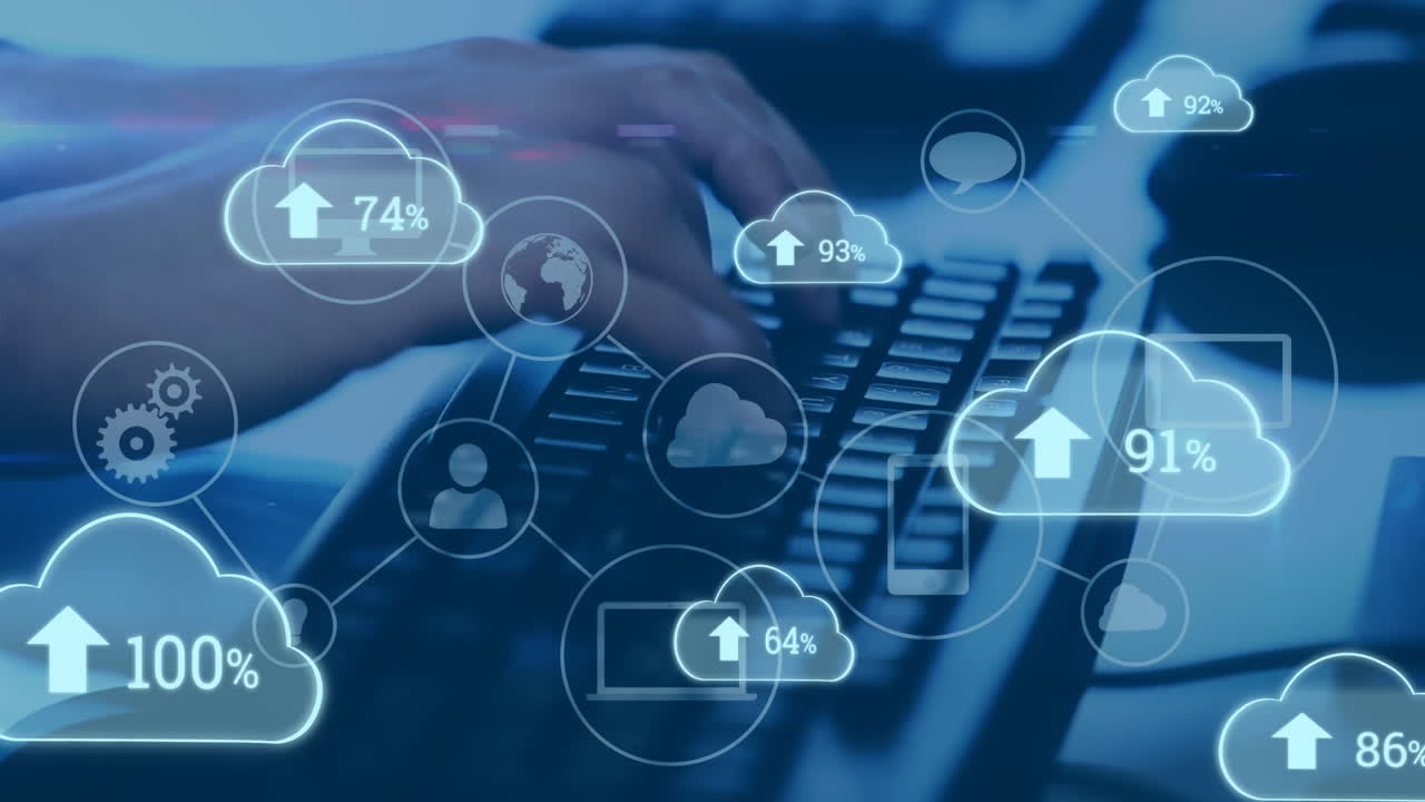 Animation of clouds with growing number over hands of caucasian man typing on keyboard