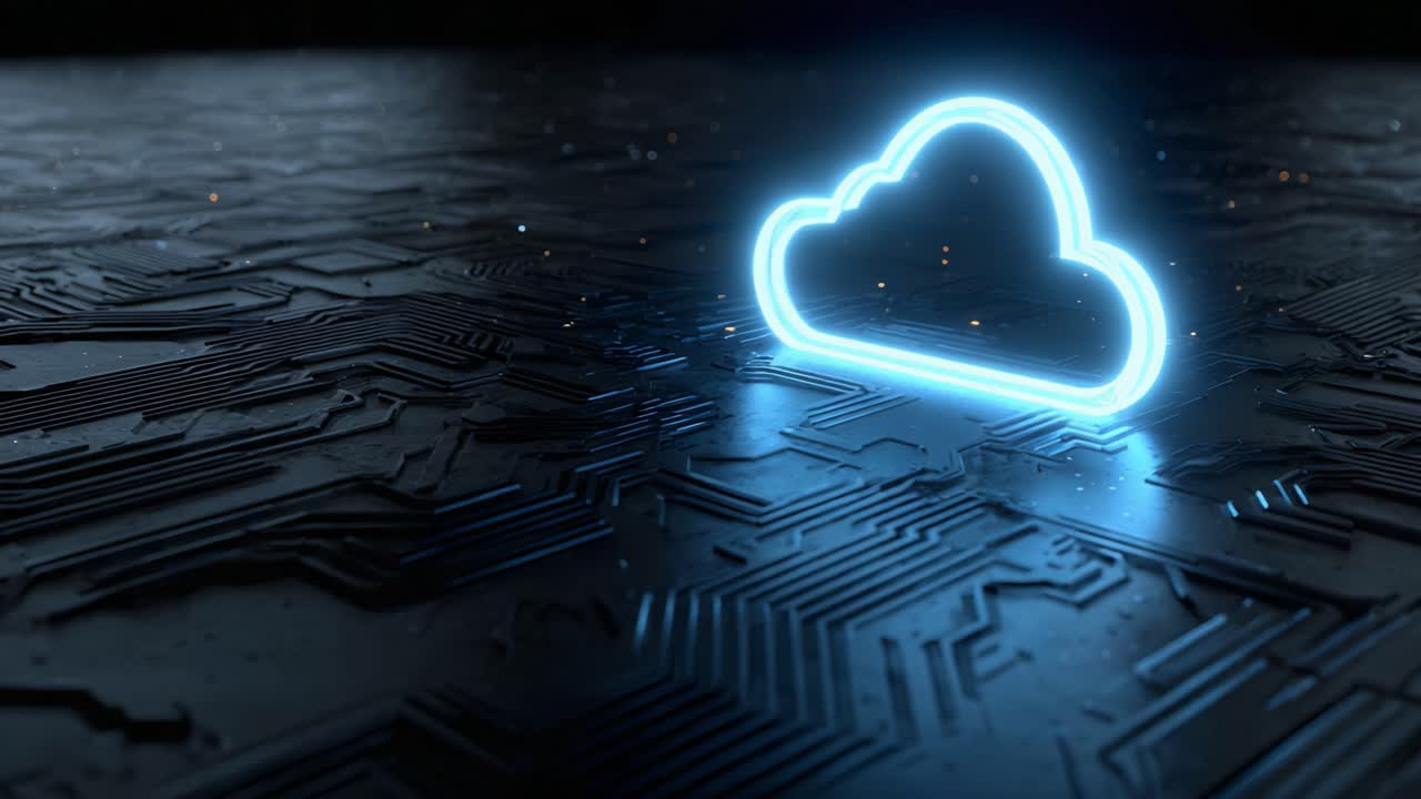 A Futuristic Glowing Cloud Symbol on a Sophisticated Circuit Board Surface, Representing Advanced Technology and Digital Innovation in Modern Computing Environments