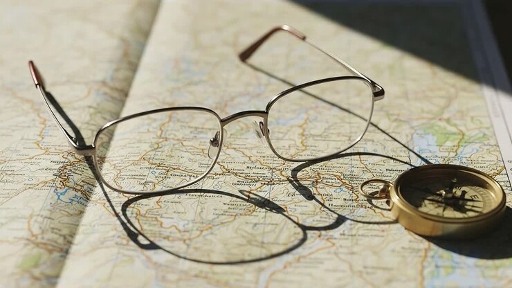 Exploring New Horizons: A Close-Up of Glasses and a Compass Resting on a Detailed Map, Symbolizing Adventure and Exploration