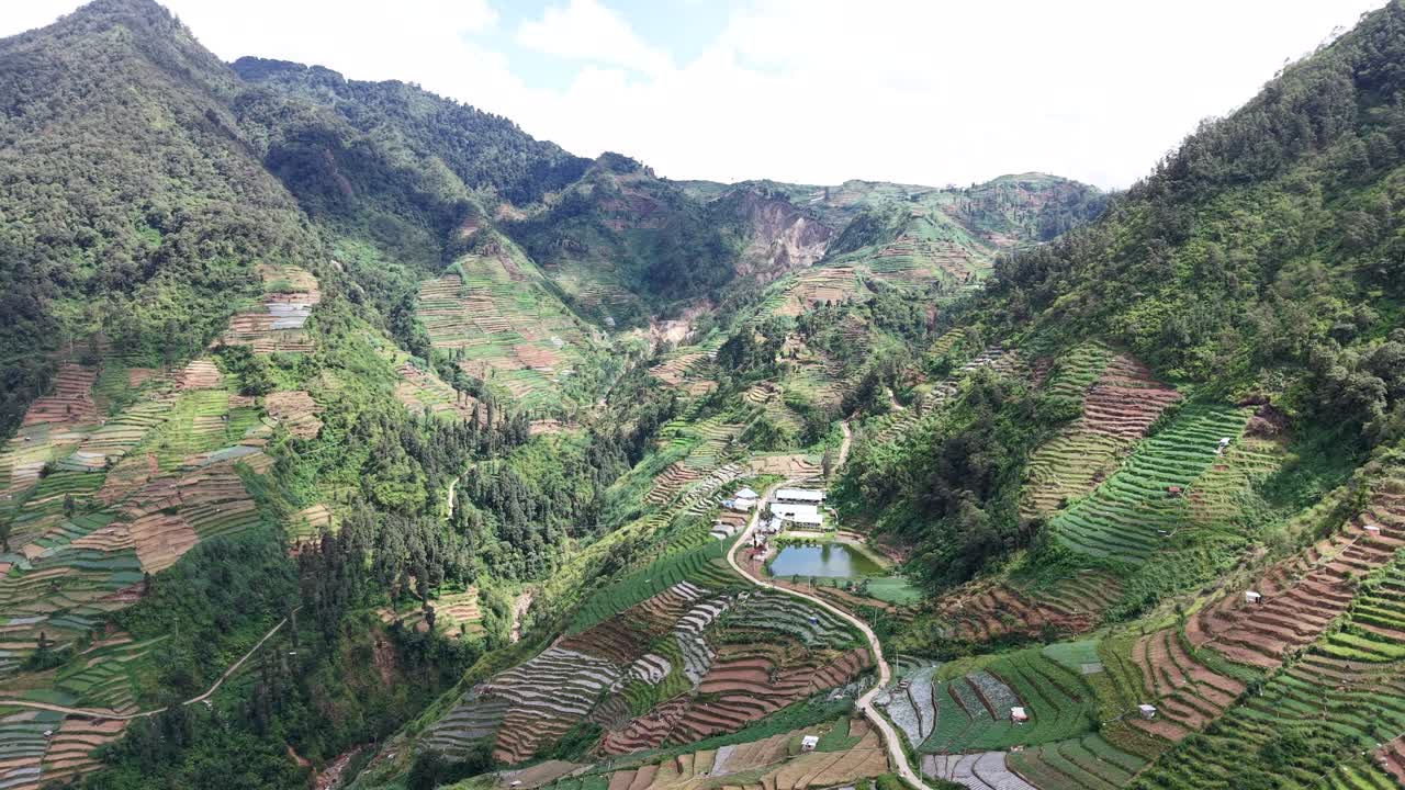 Aerial view, valley or terraced plantation in the Dieng region which is an active volcanic plateau area