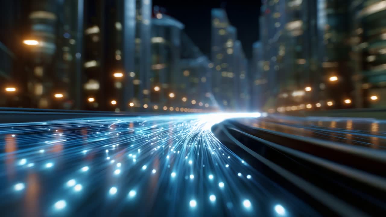 Una straordinaria immagine di una scia luminosa che si muove velocemente attraverso un paesaggio urbano futuristico, catturando l'energia e il movimento della vita urbana notturna