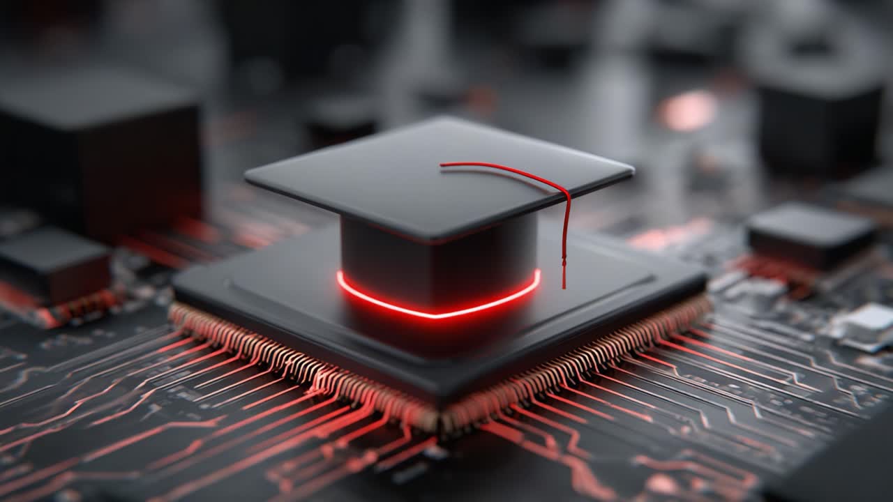 A Unique Fusion of Technology and Education: A Graduation Cap Perched on a Circuit Board, Symbolizing the Intersection of Innovation and Learning in the Digital Age