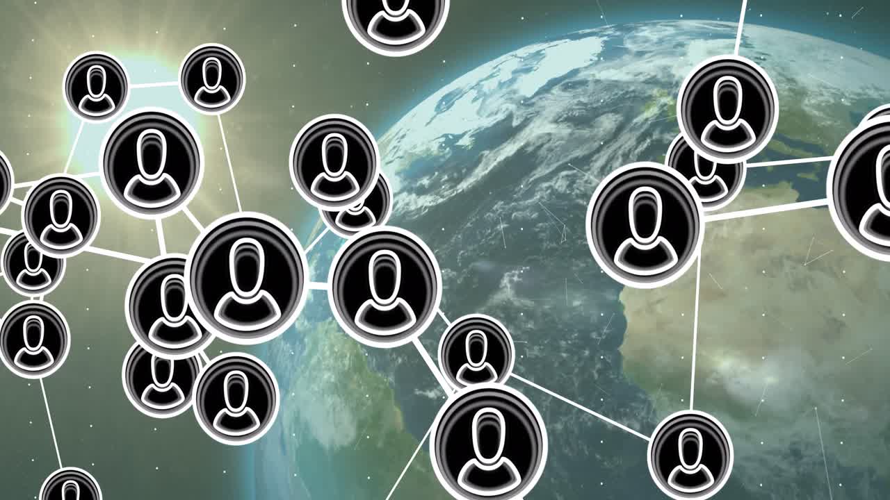 анимация сети соединений с иконами над глобусом и солнцем на черном фоне