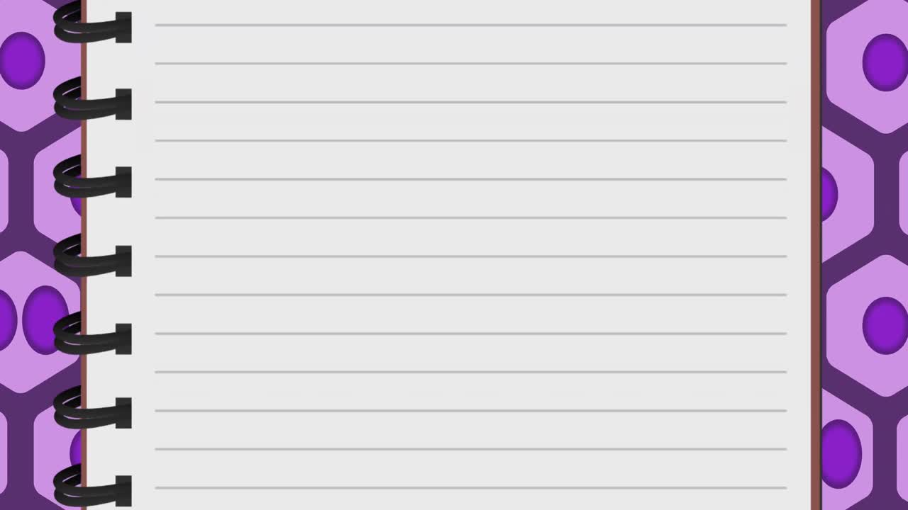 Animation of notebook over shapes on purple background