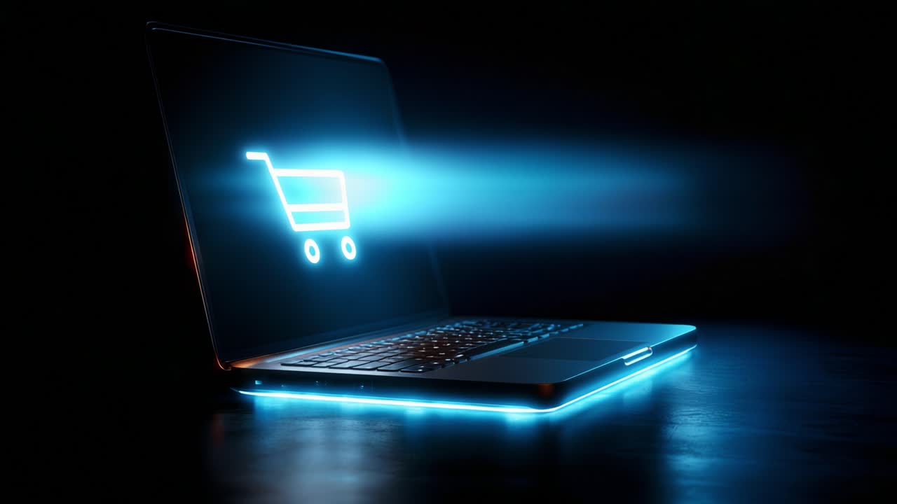 Illuminated Laptop Displaying a Shopping Cart Icon Symbolizing Online Shopping and E-Commerce in a Dark Environment, Representing Modern Digital Retail Strategies