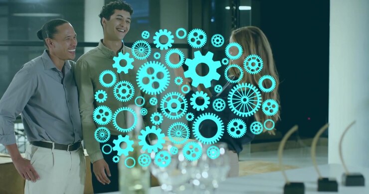 woman greeting colleagues and outlining business plan around table with animated charts floating