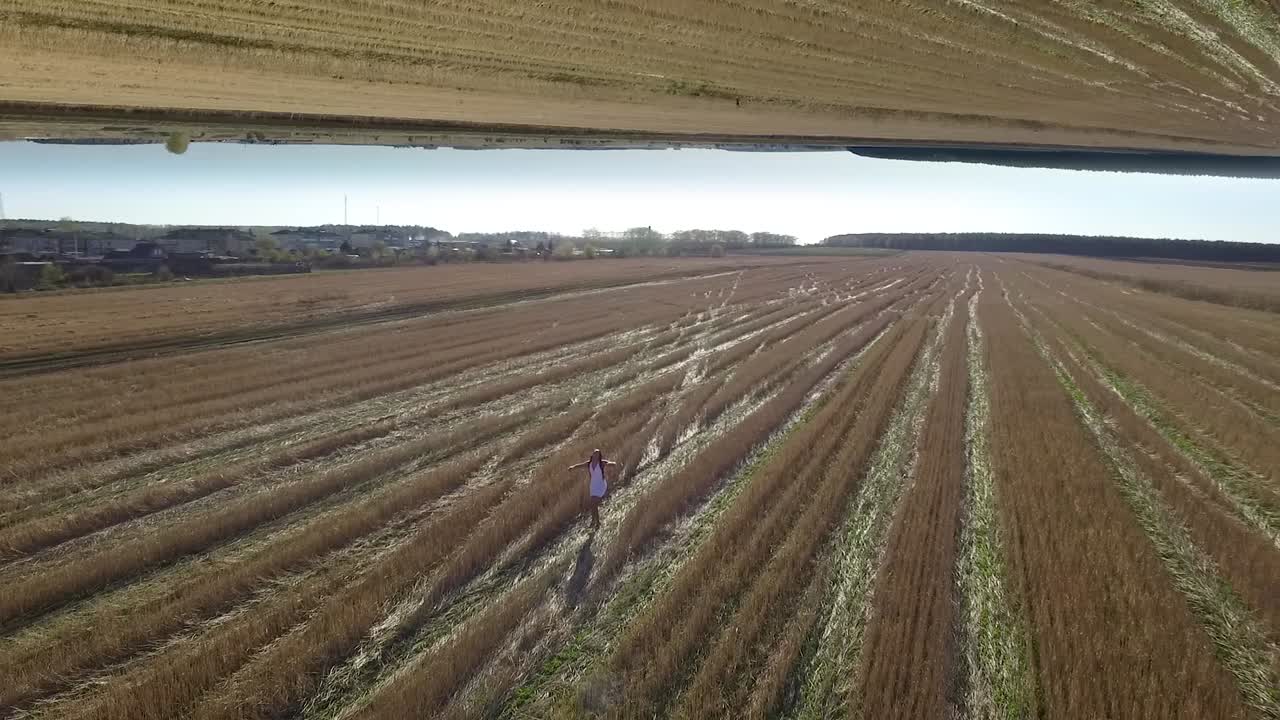 mujer caminando a través de un campo dorado con un cielo reflejado