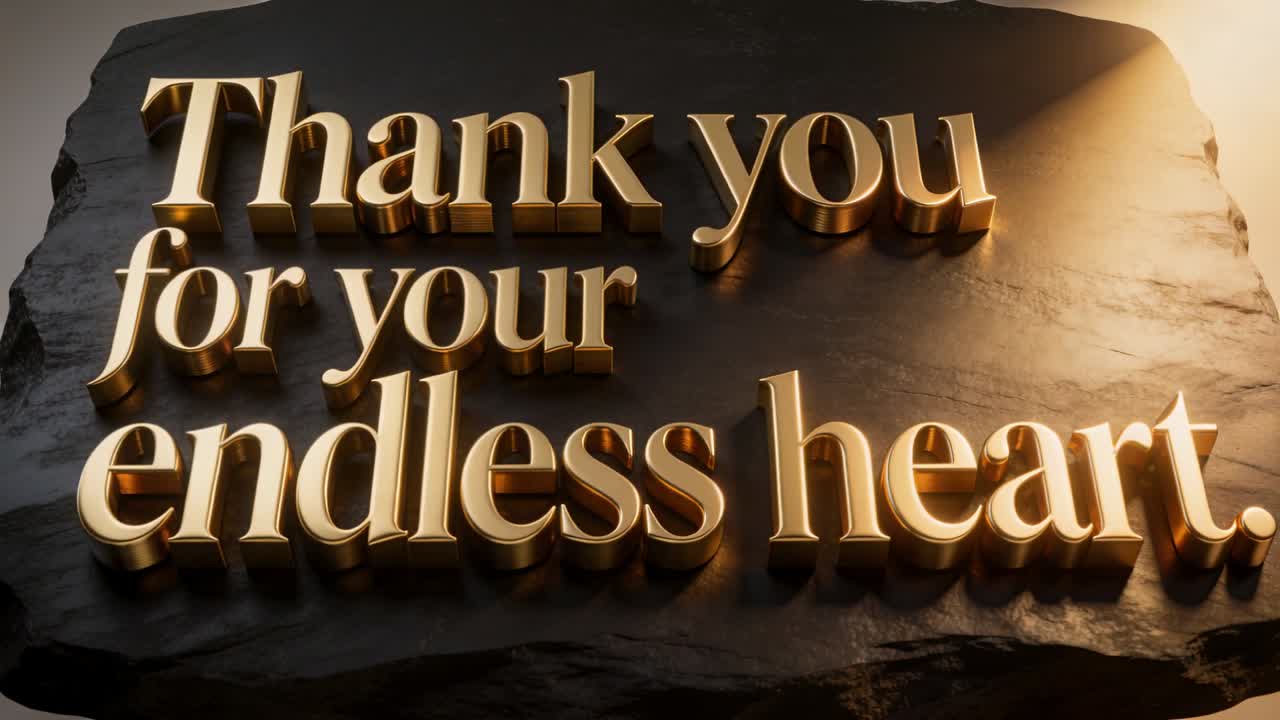 Revelando texto 3D dourado em uma laje de pedra, enquanto um holofote quente sobe e a câmera se aproxima, mostrando profundidade.